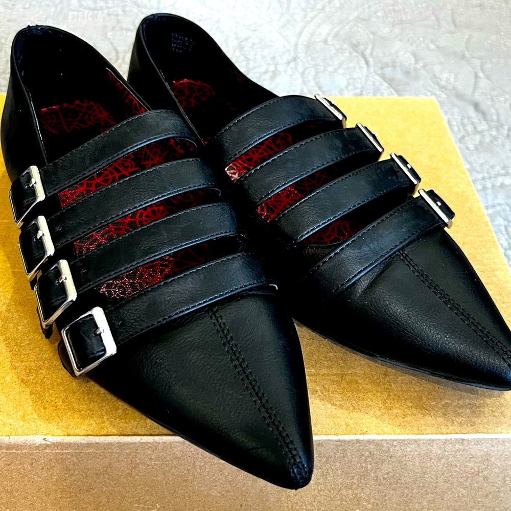 Strange Cvlt Cult Coven Flats with Straps Buckles Black Punk Halloween Women’s 7
